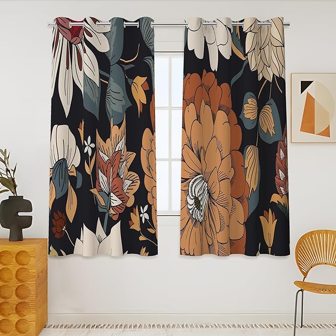 Tyrot Black Boho Floral 100% Blackout Curtains 45 Inch Long 2 Panels Mid by TyrotHomeDecor