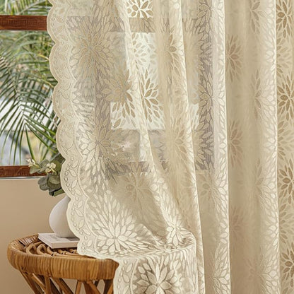 MIULEE Vintage Floral Scalloped Lace Curtains 2 Panels, Short Semi Sheer by MIULEE