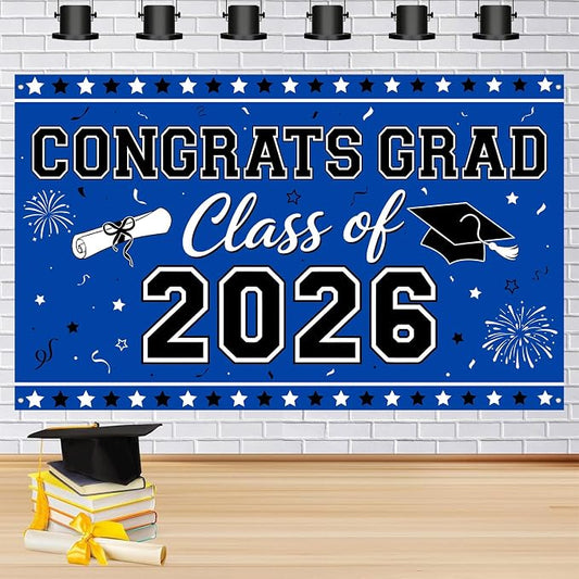 Blue Graduation Banner Class of 2026-72" x 44" Congrats Grad Backdrop by Unknown