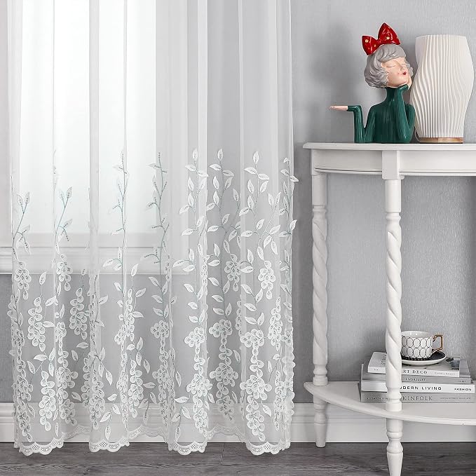 White Sheer Voile Curtains White Embossed Leaves 54Wx96L Inch | Light Filtering - Image 5