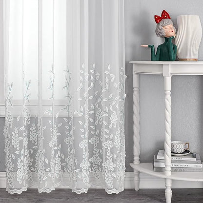 White Sheer Voile Curtains White Embossed Leaves 54Wx96L Inch | Light Filtering - Image 5