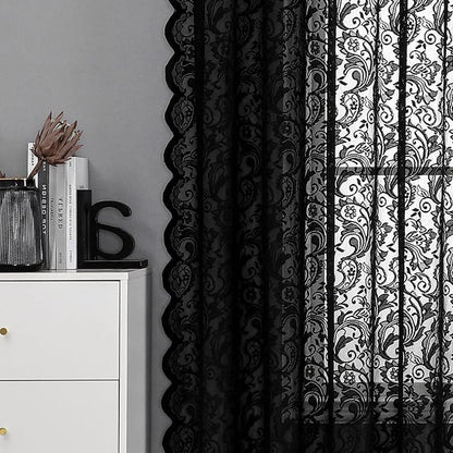 Bujasso Black Sheer Lace Curtains 102 inch Vintage Floral Sheer Window Curtain - Image 2
