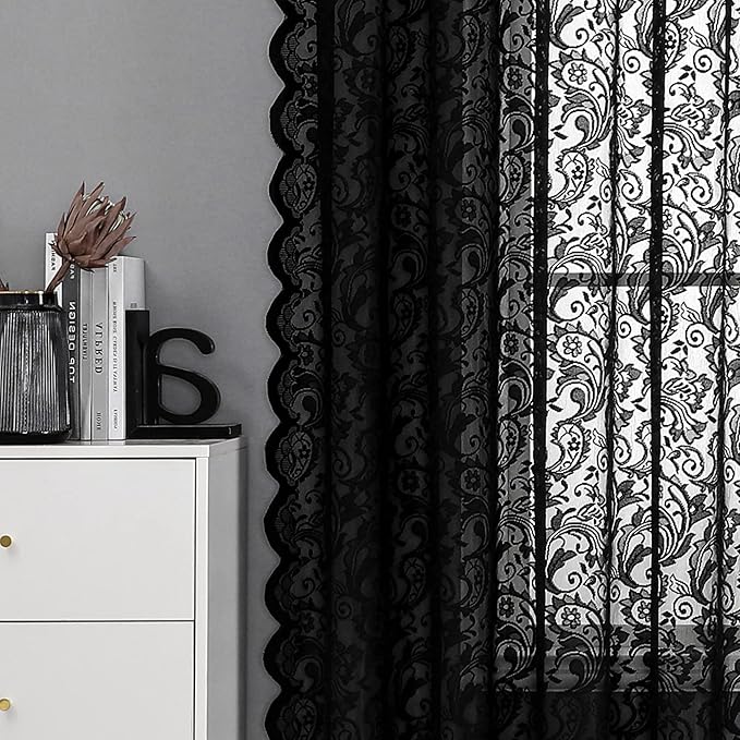 Bujasso Black Lace Sheer Curtains 95 inch Vintage Floral Sheer Window Curtain - Image 2