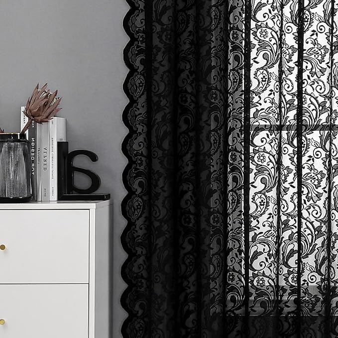 Bujasso Black Lace Pinch Pleat Curtains 108 inch, Gothic Vintage Floral Sheer - Image 8