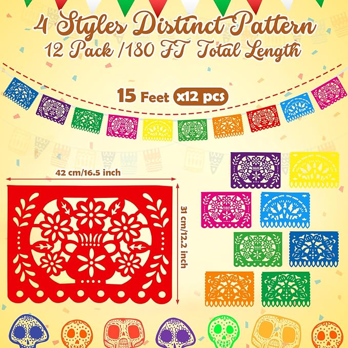 Boao 12 Packs 180 ft Mexican Party Decorations Fiesta Banner Plastic Papel - Image 2