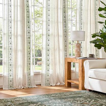 jinchan Floral Linen Curtains Embroidered Back Tab 50x63in 4 Panels Sage | - Image 3