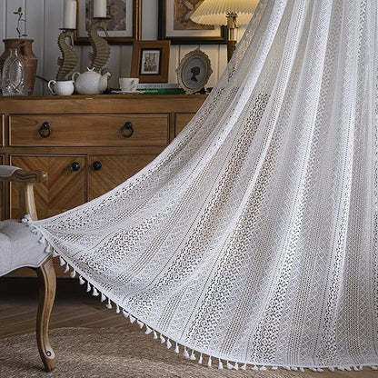Sutuo Home White Crochet Boho Curtain 96 Inches Long, Sheer Lace Handmade by SutuoHome