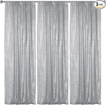 Sugargirl Silver Sequin Backdrop Curtain 3 Panels 2FTx8FT Glitter Silver by Sugargirl