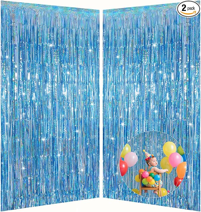 Light Blue Metallic Streamer Backdrop by Runkuai