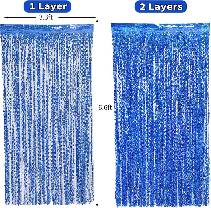 4 Pack 3.3 ft x 6.6 Wavy Sparkle Dark Blue Foil Fringe Backdrop Curtain - Image 4