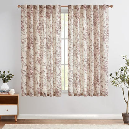 jinchan Red Floral Linen Curtains 54 Inch Vintage Back Tab 2 Panels | Light by JINCHAN