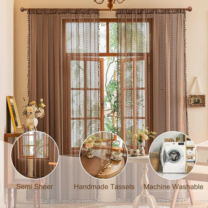 Sutuo Home Dark Coffee Boho Lace Curtains 72 inches Long - Image 7