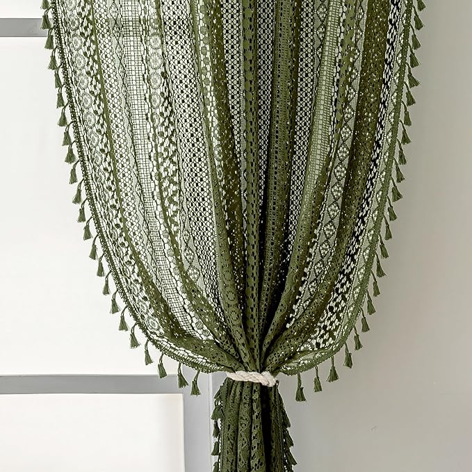 WAZZIO Boho Lace Curtains 84 Inches 2 Panel, Light Filtering Privacy Tassel & by WAZZIO