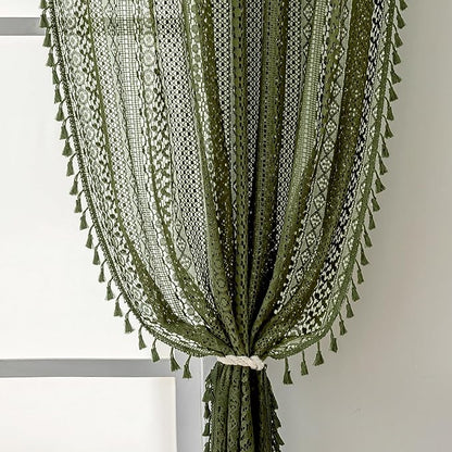 WAZZIO Boho Lace Curtains 84 Inches 2 Panel, Light Filtering Privacy Tassel & by WAZZIO