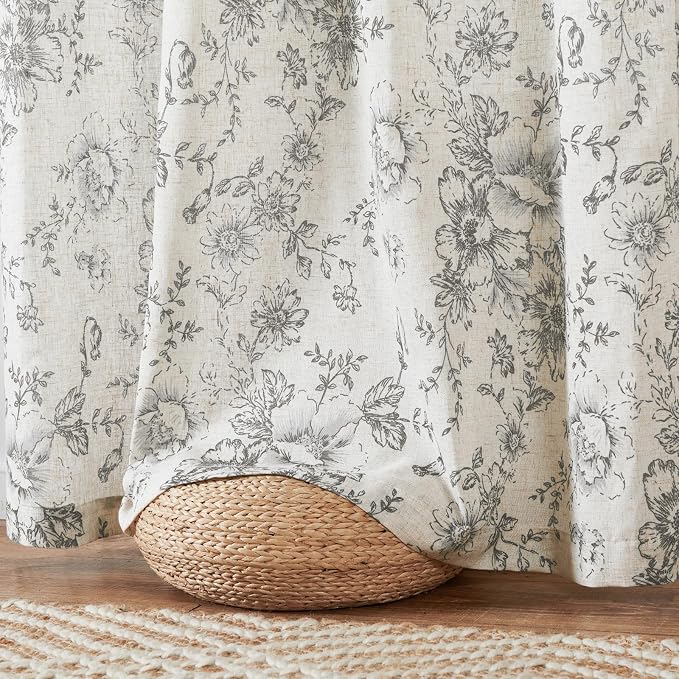 jinchan Grey Floral Linen Curtains 45 Inch Vintage Back Tab 2 Panels | Light - Image 6