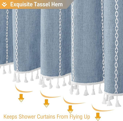 Blue Boho Farmhouse Linen Heavy Duty Cloth Shower Curtain Set, 72x72 | 330GSM - Image 6