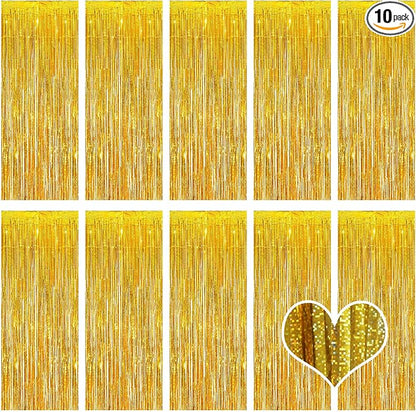 10 Pack Gold Backdrop Curtain 3.2ft x 8.2ft Metallic Tinsel Foil Fringe by Ohiyoo