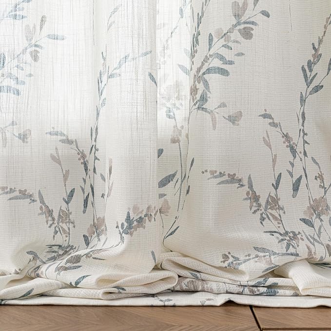MYSKY HOME Linen Sheer Window Floral Curtains Panels Light Filtering Privacy - Image 5