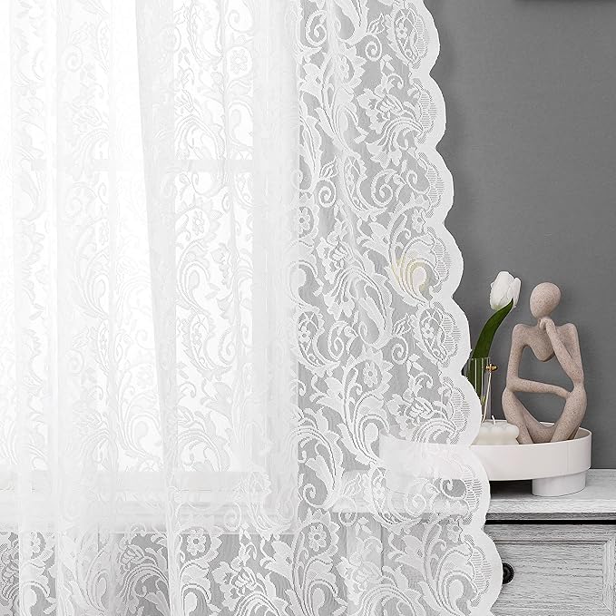 Bujasso White Lace Sheer Curtains 102 inch Vintage Floral Sheer Window Curtain by Bujasso