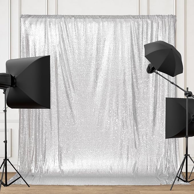 PartyDelight Silver Sequin Backdrop 8x8ft Sparkly Photo Curtain | 4 Inch Rod - Image 3