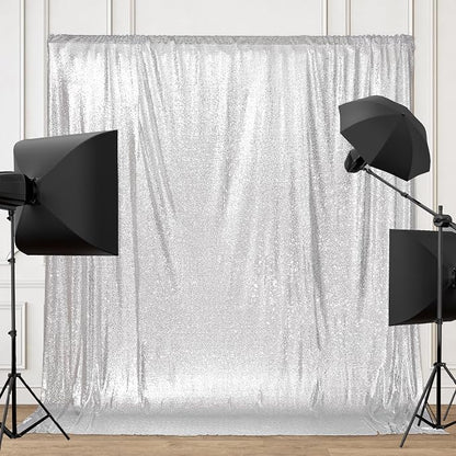 PartyDelight Silver Sequin Backdrop 8x8ft Sparkly Photo Curtain | 4 Inch Rod - Image 3