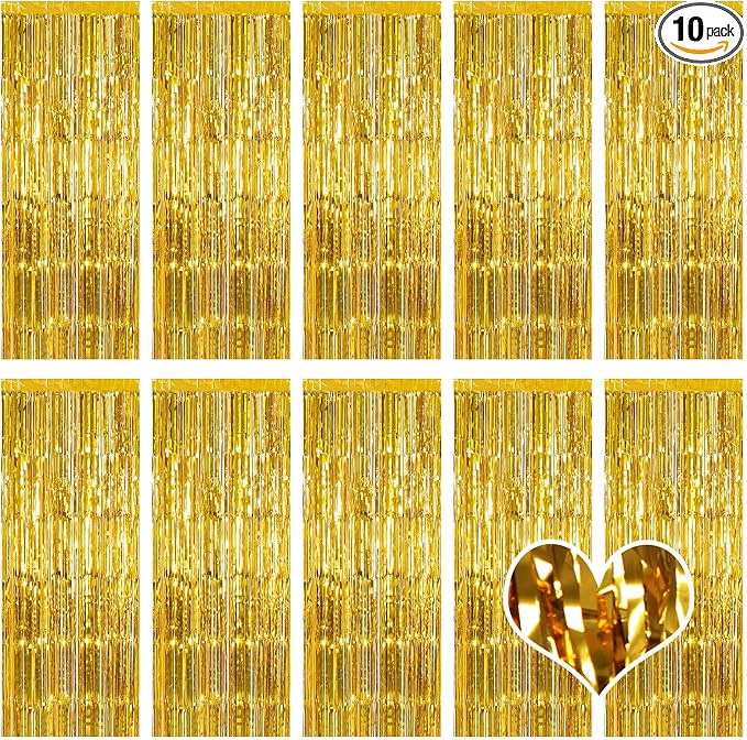 10 Pack Gold Backdrop Curtain 3.2ft x 8.2ft Metallic Tinsel Foil Fringe by Ohiyoo