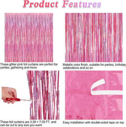12 Pack Pink Backdrop, 3.28 FT x 7.05 FT Foil Streamers, Metallic Glitter - Image 4