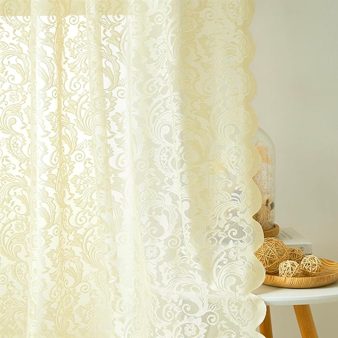 Bujasso Ivory Sheer Lace Curtains 63 inch Vintage Floral Sheer Window Curtain - Image 2