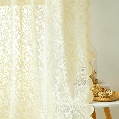 Bujasso Ivory Lace Sheer Curtains 108 inch Vintage Floral Sheer Window Curtain - Image 2