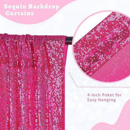 Fuchsia Sequin Backdrop Curtains Party Photo Glitter Drapes 2 Pcs 2FTx8FT | - Image 3
