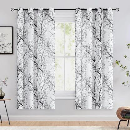 FMFUNCTEX Linen Black White Semi Sheer Print Curtains 63 Inch Long 2 Panels | - Image 2
