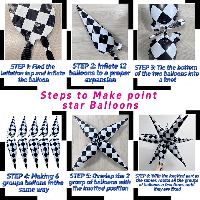 2 * 12 Pcs Black White Checkered Explosion Pointed Star Foil Balloons/Talladega - Image 4