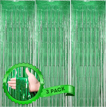 Voircoloria Laser Green Foil Fringe Backdrop Curtains, 3 Pack | Tinsel Streamers by Voircoloria