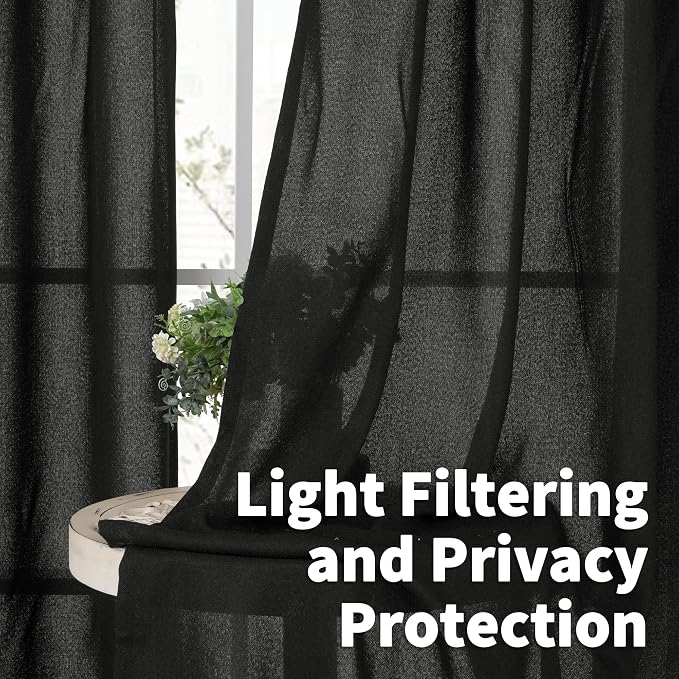 YoungsTex Short Black Linen Curtains 45 Inch Length, Light Filtering Window - Image 2