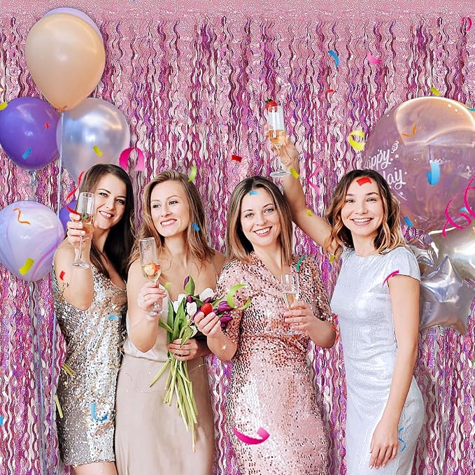 Pink Tinsel Foil Fringe Curtains Wavy Backdrop - Image 3