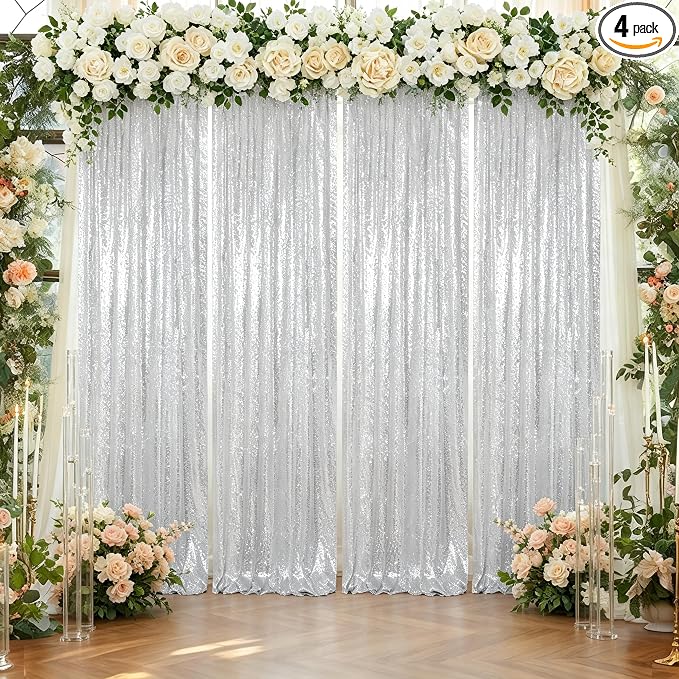 ShinyBeauty 4 Panels Silver Sequin Backdrop Curtains 2x8ft Birthday Party | by ShinyBeauty