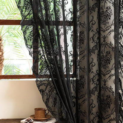 Deeprove Black Lace Curtains 96 Inch Length Set of 2 Panels Pair - Image 6