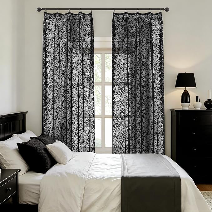 Bujasso Black Lace Pinch Pleat Curtains 90 inch, Gothic Vintage Floral Sheer - Image 8