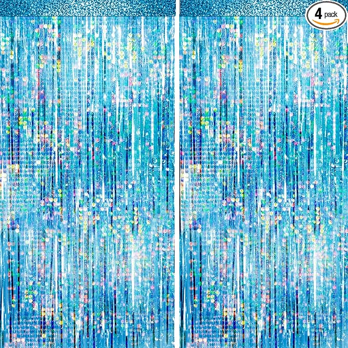 4 Packs Blue Foil Fringe Curtain, Light Blue Glitter Metallic Tinsel Backdrop by BSRESIN