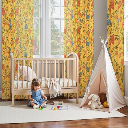 Mustard Yellow Floral Linen Curtains, Boho Whimsical Bird Print Curtains - Image 9