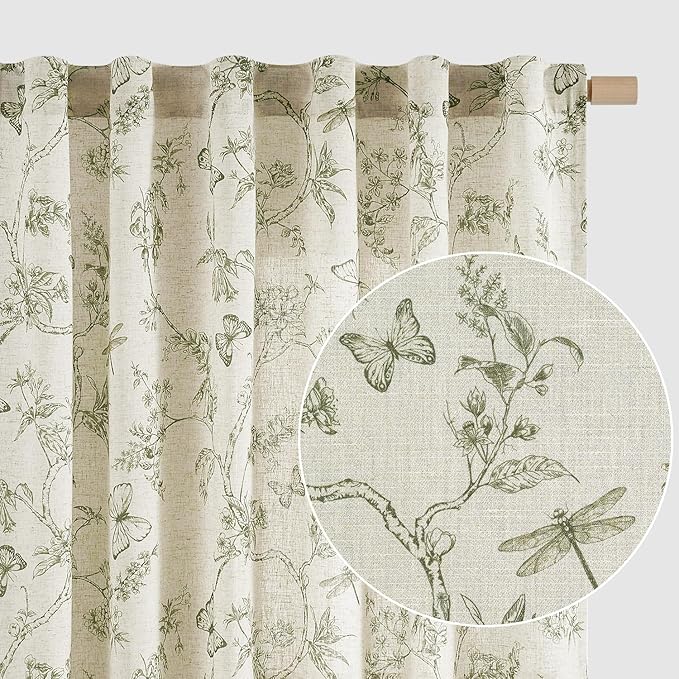 Green Floral Linen Curtains Farmhouse Rod Pocket 50W X 90L 2 Panels | Charlotte by Lazzzy