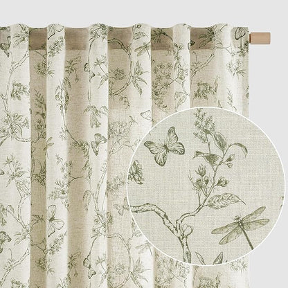 Green Floral Linen Curtains Farmhouse Rod Pocket 50W X 90L 2 Panels | Charlotte by Lazzzy