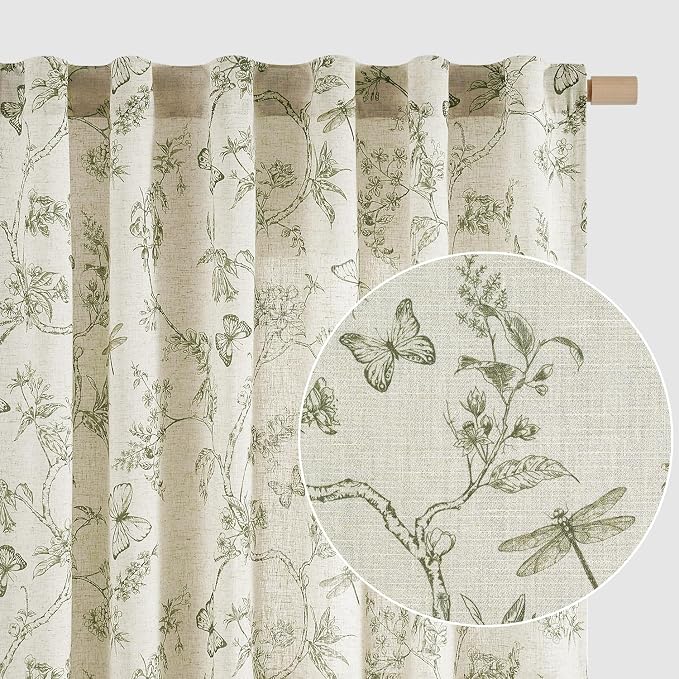 Green Floral Linen Curtains Farmhouse Rod Pocket 50W X 108L 2 Panels | by Lazzzy