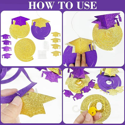24Pcs Purple Gold Graduation Grad Cap Hanging Felt Swirl Streamer Spiral - Image 3