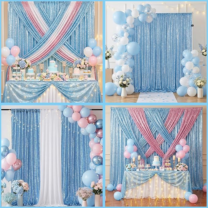 Baby Blue Sequin Backdrop Curtains 2 Pcs 5ftx8ft Sparkle Backdrop Drapes | - Image 4