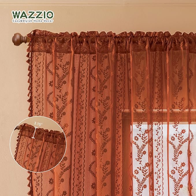 WAZZIO Boho Lace Curtains 102 Inch 2 Panels -Vintage Sheer Panel Drape Floral - Image 5