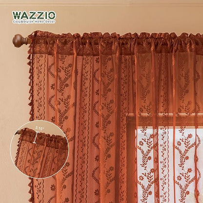 WAZZIO Boho Lace Curtains 63 Inch 2 Panels-Vintage Sheer Panel Drape Floral - Image 6