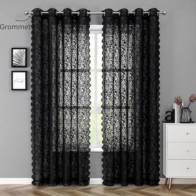 Bujasso Black Sheer Lace Curtains 63 inch Vintage Floral Sheer Window Curtain - Image 8