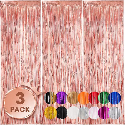 Voircoloria Rose Gold Foil Fringe Backdrop Curtains, 3 Pack | Tinsel Streamers by Voircoloria