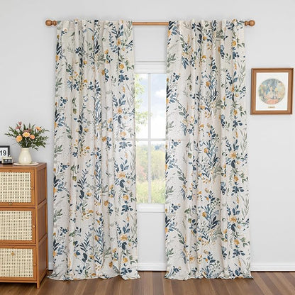 MYSKY HOME Linen Floral Curtains 95 Inch Length 2 Panels Set Semi Sheer Natural - Image 2